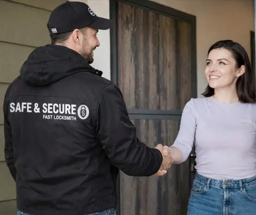 A Safe and Secure locksmith with a customer at her door