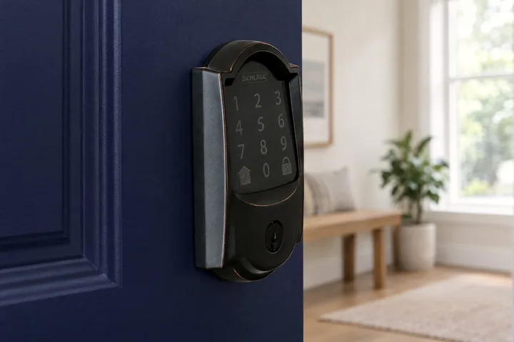 Schlage keypad smart lock on a navy front door