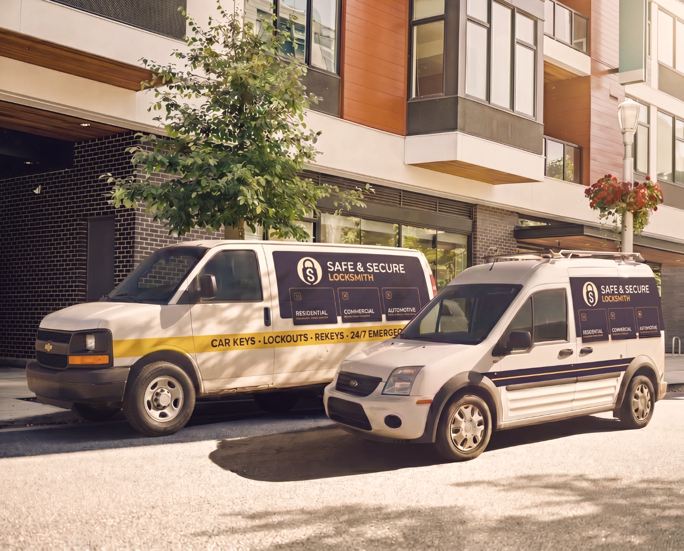 Two Safe & Secure Locksmith vans on a Vancouver street