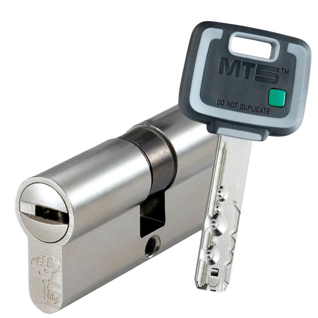 A Mul-T-Lock depicted alongside its key, emphasizing the relationship between the key and the lock mechanism.