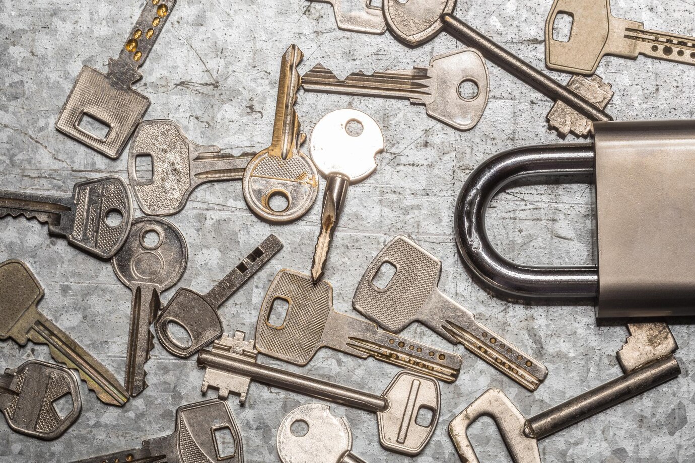 A collection of various metal keys scattered on a textured surface beside a large padlock highlights the importance of lock changes. The diverse shapes and sizes suggest different locks, while the partially visible padlock with its shiny black shackle stands ready for security upgrades.