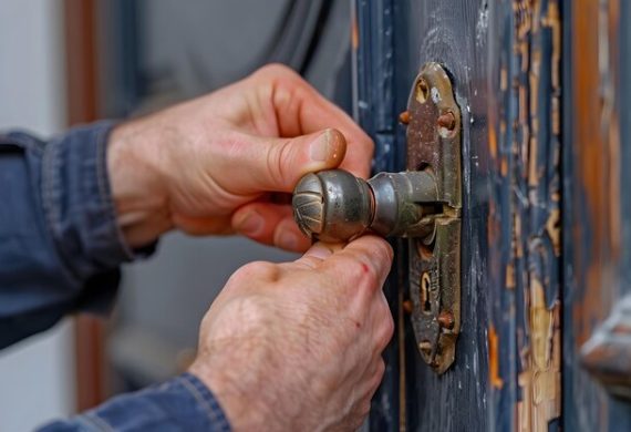 A locksmith performing lock maintenance by inspecting and adjusting a door lock to enhance security and ensure smooth operation.