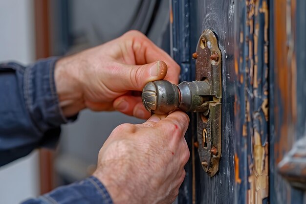 A locksmith performing lock maintenance by inspecting and adjusting a door lock to enhance security and ensure smooth operation.