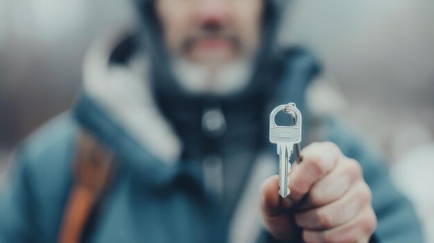 A person in a hooded jacket holds a key towards the camera, blending seamlessly with Locksmith Tips. The background is blurred, emphasizing the key as the focal point of this intriguing image.