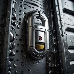 A futuristic, metallic padlock, renowned among high-security locks, is attached to an intricately designed metal surface featuring geometric patterns. It boasts a sleek, modern appearance with a small red button and visible keyhole.