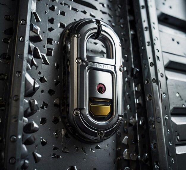 A futuristic, metallic padlock, renowned among high-security locks, is attached to an intricately designed metal surface featuring geometric patterns. It boasts a sleek, modern appearance with a small red button and visible keyhole.