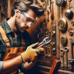 A craftsman wearing goggles and gloves works with cutting pliers. He's surrounded by an array of vintage keys and locks displayed on a wooden wall, suggesting a workshop or locksmith setting specializing in emergency lockout services.