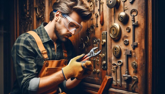 A craftsman wearing goggles and gloves works with cutting pliers. He's surrounded by an array of vintage keys and locks displayed on a wooden wall, suggesting a workshop or locksmith setting specializing in emergency lockout services.