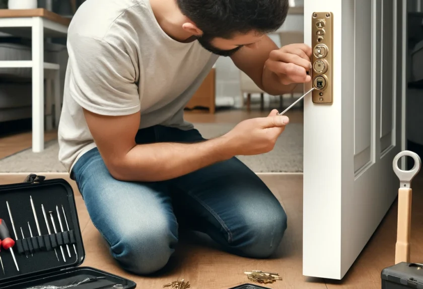 A man kneels to rekey your locks, using a screwdriver with precision. A tool kit and keys are scattered on the floor nearby.