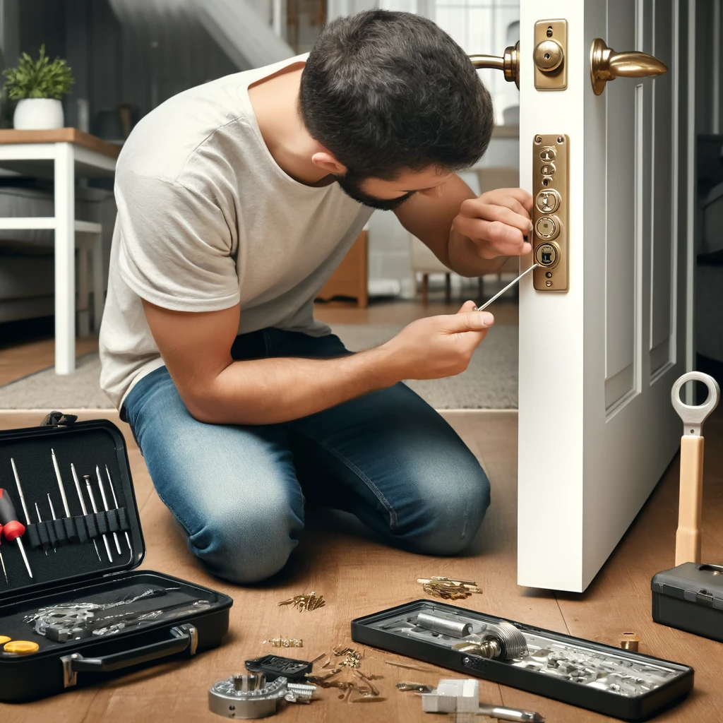 A man kneels to rekey your locks, using a screwdriver with precision. A tool kit and keys are scattered on the floor nearby.