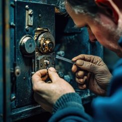 An emergency locksmith responding to a late-night lockout, working on a door lock to provide quick access and ensure safety.