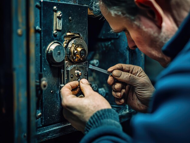 An emergency locksmith responding to a late-night lockout, working on a door lock to provide quick access and ensure safety.