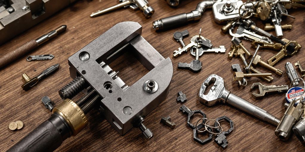 Locksmith tools on a wooden workbench with keys.