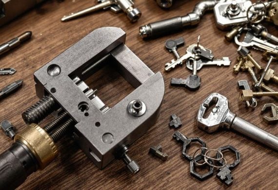 Locksmith tools on a wooden workbench with keys.