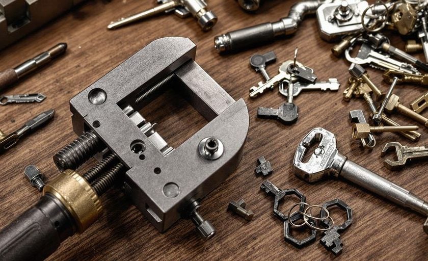 Locksmith tools on a wooden workbench with keys.