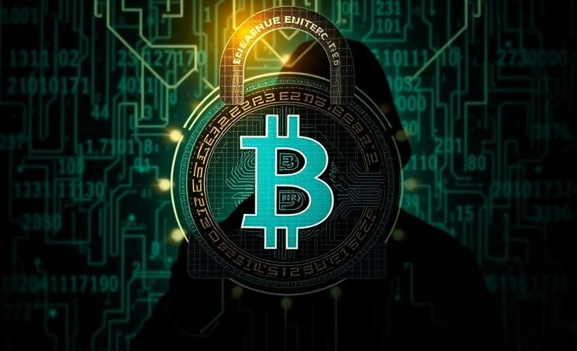 Lock and Bitcoin symbol with hacker's shadow.