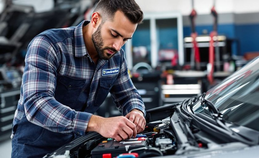 Locksmith repairing a car battery with precise tools.