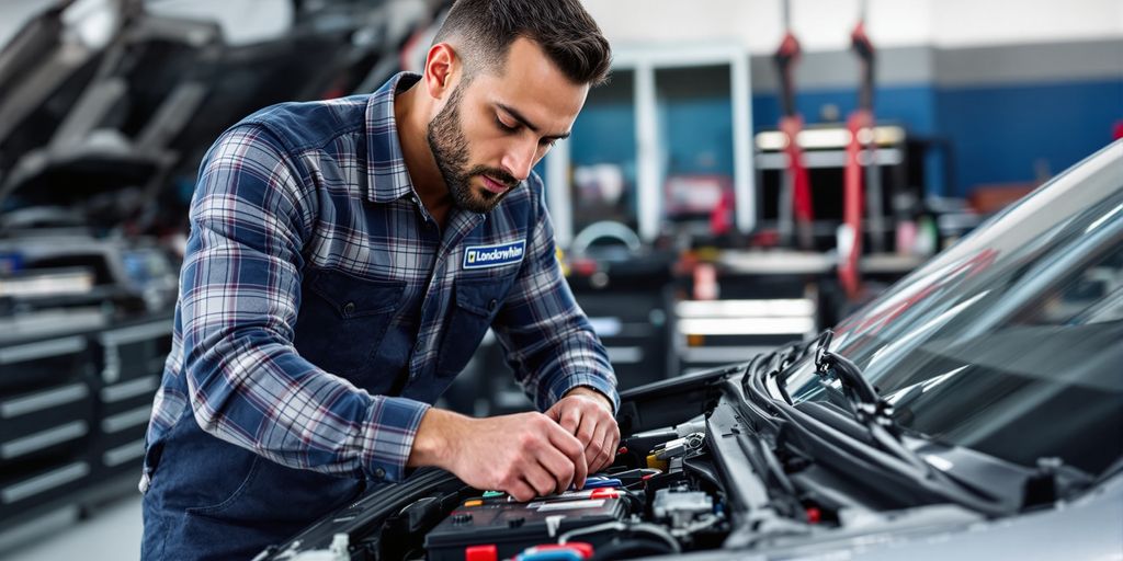 Locksmith repairing a car battery with precise tools.